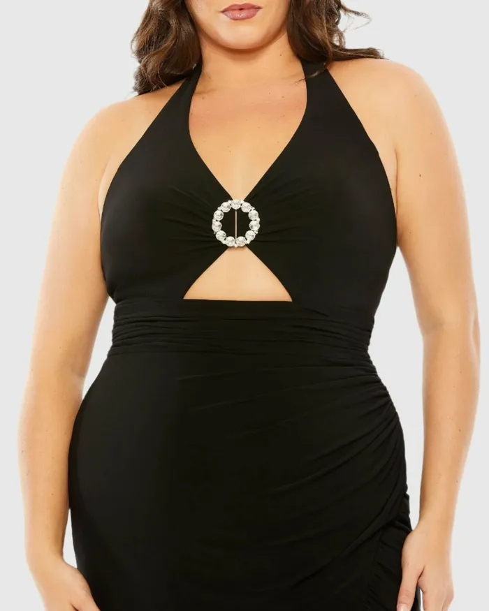 Plus Size Dresses Women Halter Tie Keyhole Detail Gown with Slit Black Mac Duggal Plus Size Dresses Women Halter Tie Keyhole Detail Gown with Slit Black Mac Duggal