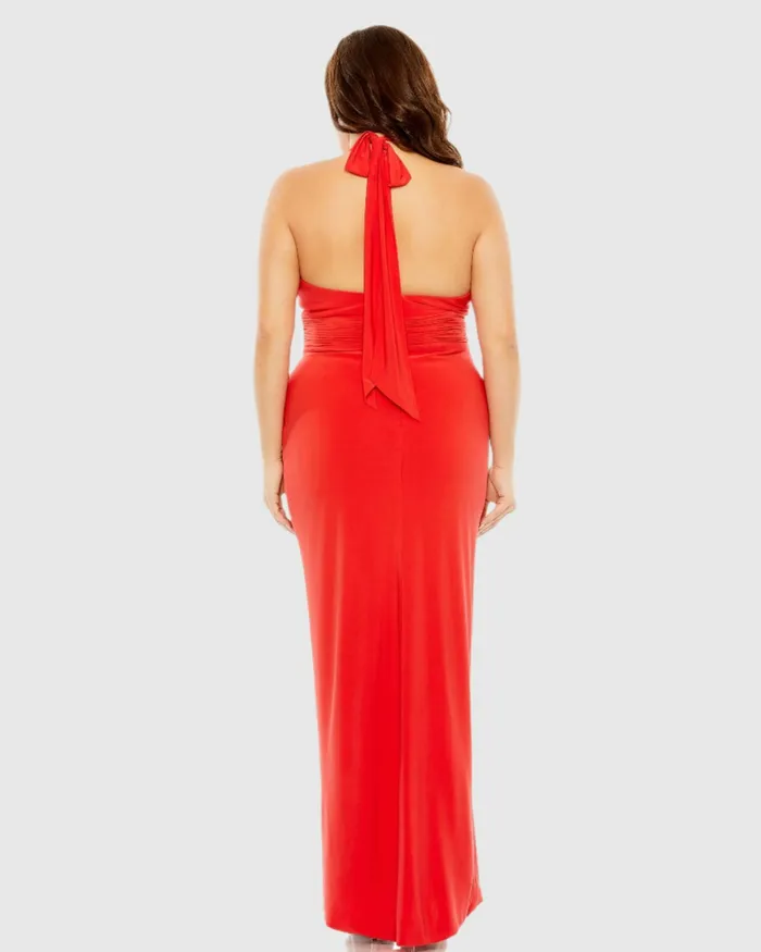 Plus Size Dresses Women Halter Tie Keyhole Detail Gown with Slit Black Mac Duggal Plus Size Dresses Women Halter Tie Keyhole Detail Gown with Slit Black Mac Duggal