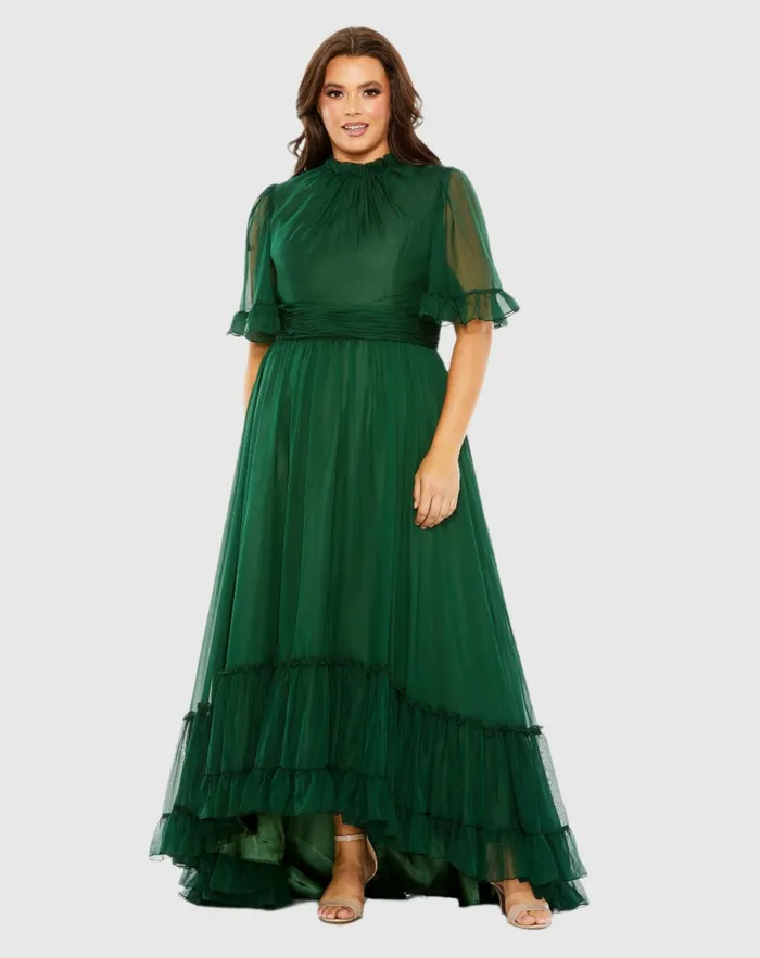Plus Size Dresses Women Mac Duggal High Neck Flutter Sleeve Ruffle Tiered High Low Gown Black Plus Size Dresses Women Mac Duggal High Neck Flutter Sleeve Ruffle Tiered High Low Gown Black