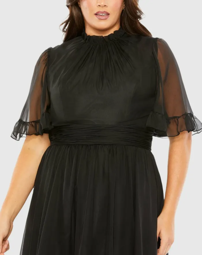 Plus Size Dresses Women Mac Duggal High Neck Flutter Sleeve Ruffle Tiered High Low Gown Black