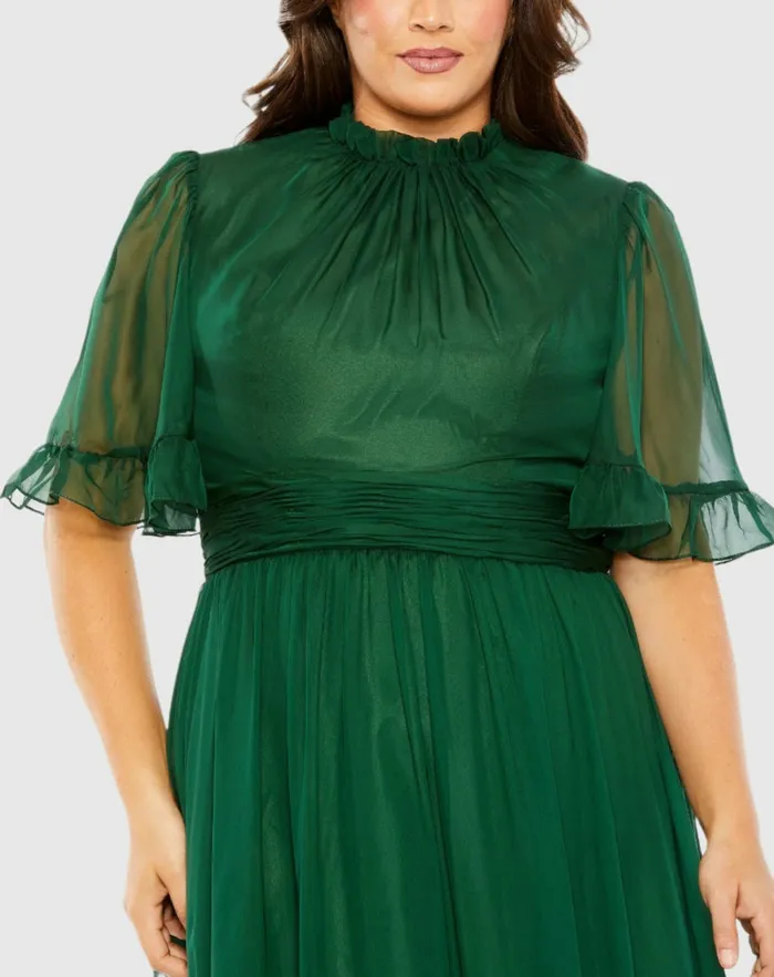 Plus Size Dresses Women Mac Duggal High Neck Flutter Sleeve Ruffle Tiered High Low Gown Black