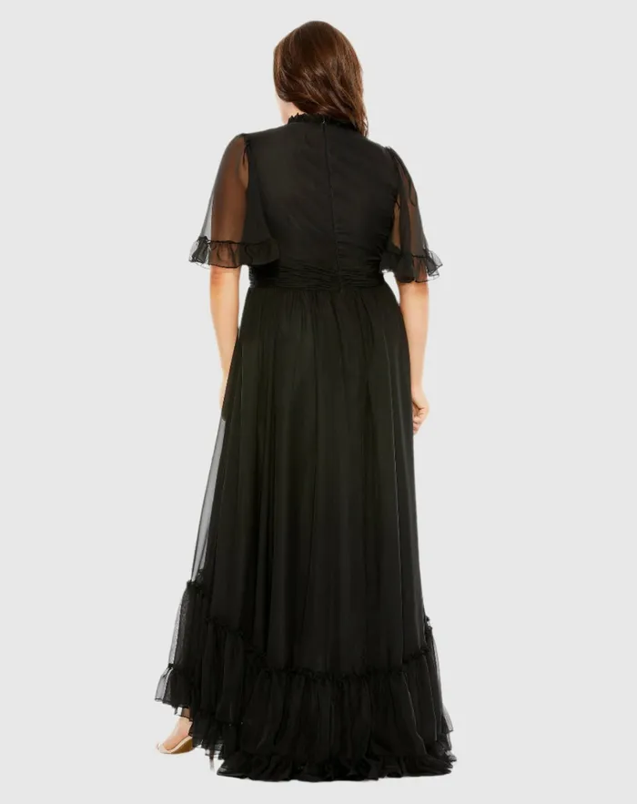 Plus Size Dresses Women Mac Duggal High Neck Flutter Sleeve Ruffle Tiered High Low Gown Black