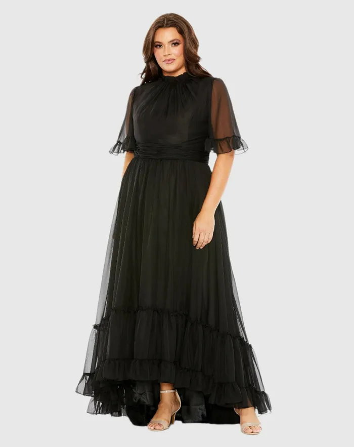 Plus Size Dresses Women Mac Duggal High Neck Flutter Sleeve Ruffle Tiered High Low Gown Black