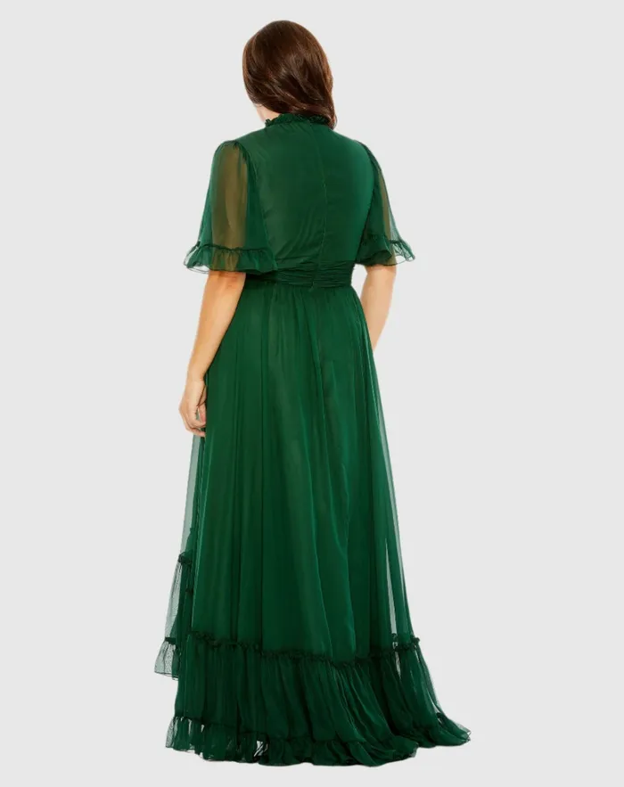 Plus Size Dresses Women Mac Duggal High Neck Flutter Sleeve Ruffle Tiered High Low Gown Black