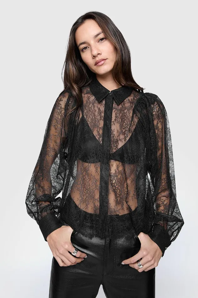 Rebecca Minkoff Cleo Lace Sleeve Shirt Black Women Tops