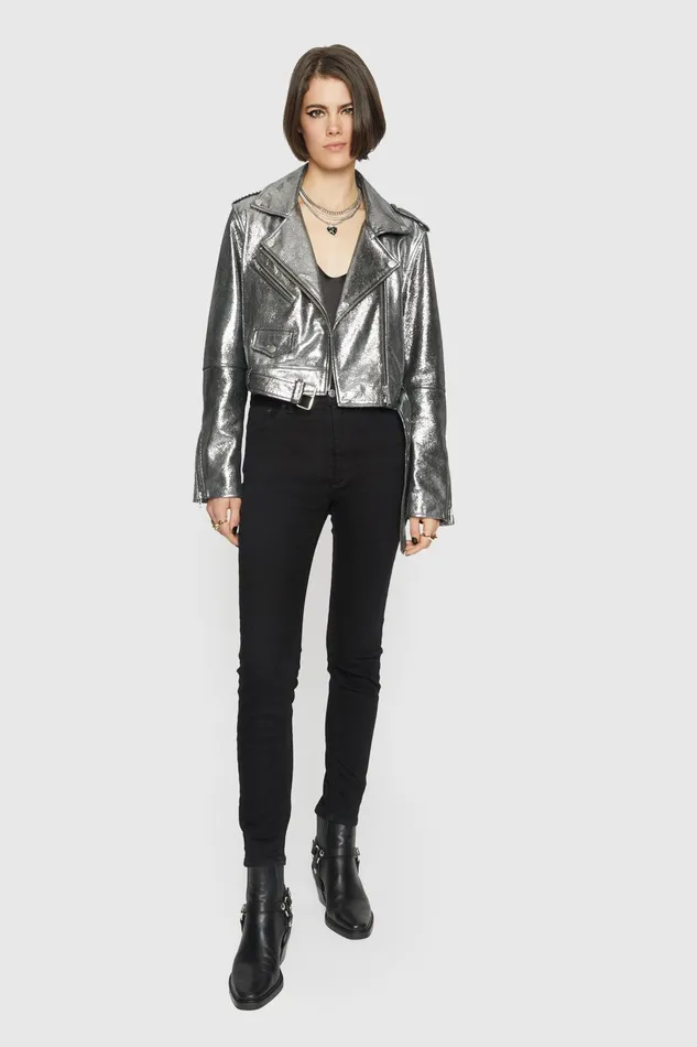 Rebecca Minkoff Cropped Jett Moto Jacket Silver Women Outerwear