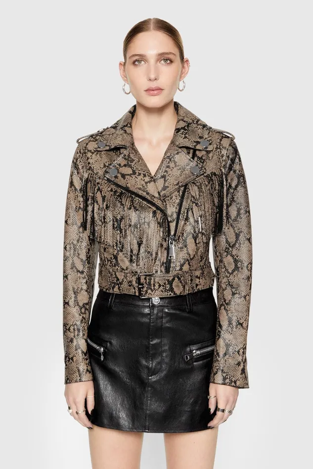 Rebecca Minkoff Janis Python Fringe Moto Python Printed Foil Women Outerwear