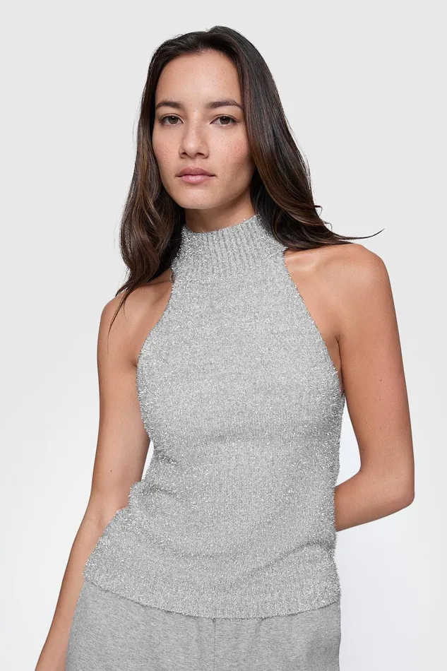 Rebecca Minkoff Sage Lurex Halter Silver Women Tops