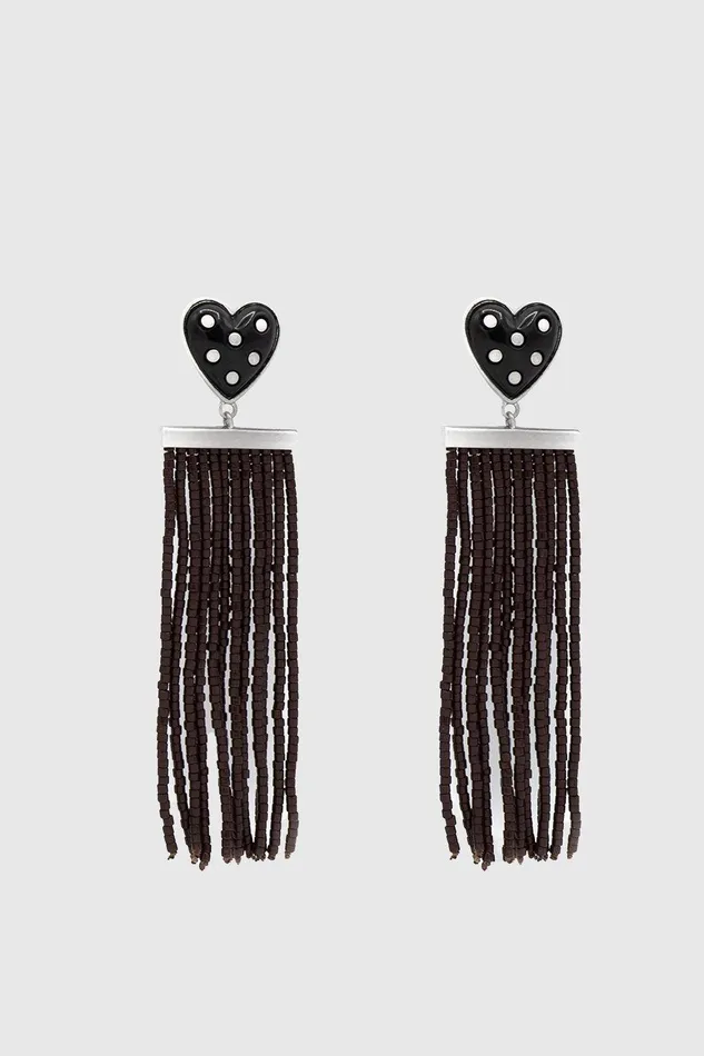 Rebecca Minkoff Studded Heart Fringe Seed Bead Earrings Women Jewelry