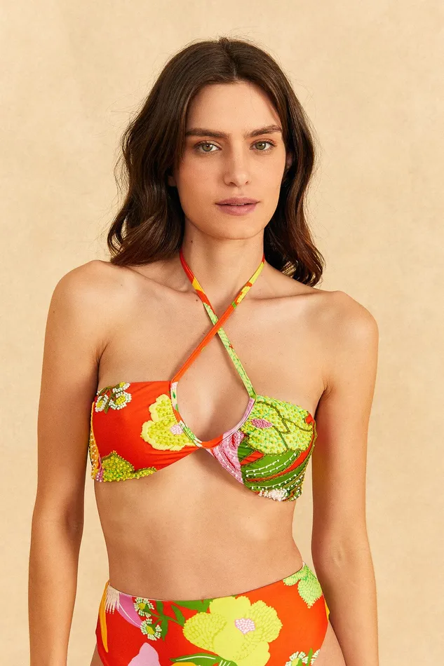 Red Neon Floral Halter Neck Bikini Top Women Farm Rio Bikinis