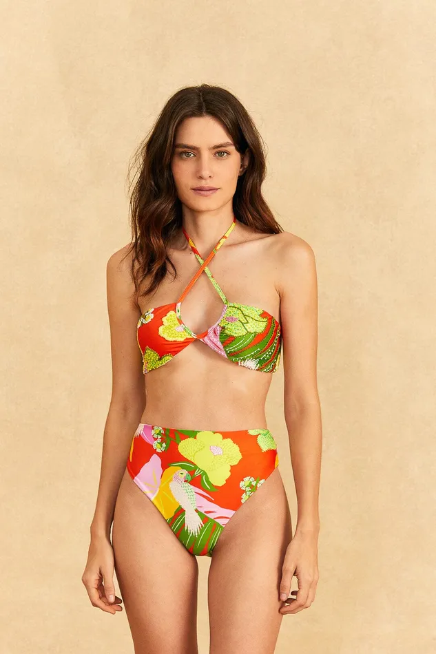 Red Neon Floral Halter Neck Bikini Top Women Farm Rio Bikinis