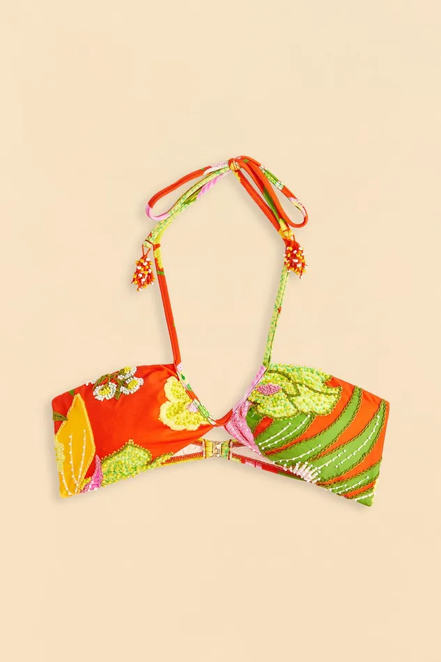Red Neon Floral Halter Neck Bikini Top Women Farm Rio Bikinis