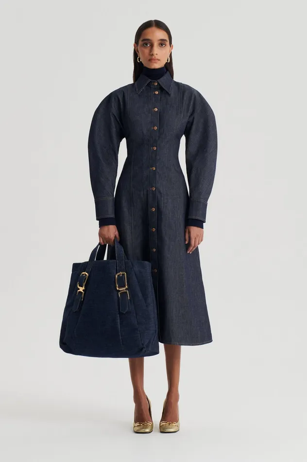 Scanlan Theodore Denim Women DENIM COCOON SLEEVE MIDI DRESS INDIGO B
