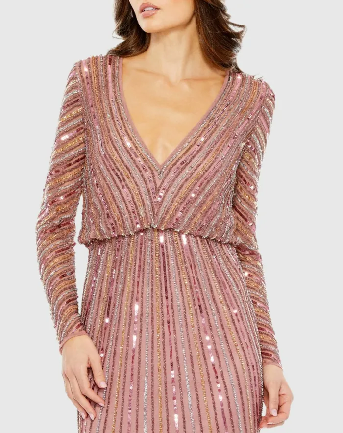 Sequined V Neck Long Sleeve Column Gown Rosewood Evening Gowns Mac Duggal Women Sequined V Neck Long Sleeve Column Gown Rosewood Evening Gowns Mac Duggal Women
