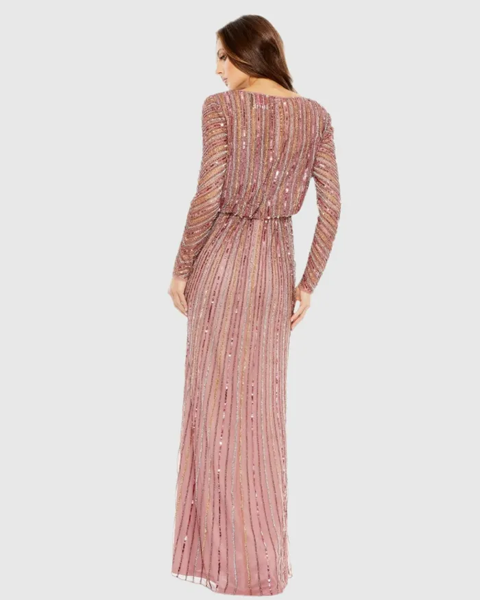 Sequined V Neck Long Sleeve Column Gown Rosewood Evening Gowns Mac Duggal Women Sequined V Neck Long Sleeve Column Gown Rosewood Evening Gowns Mac Duggal Women