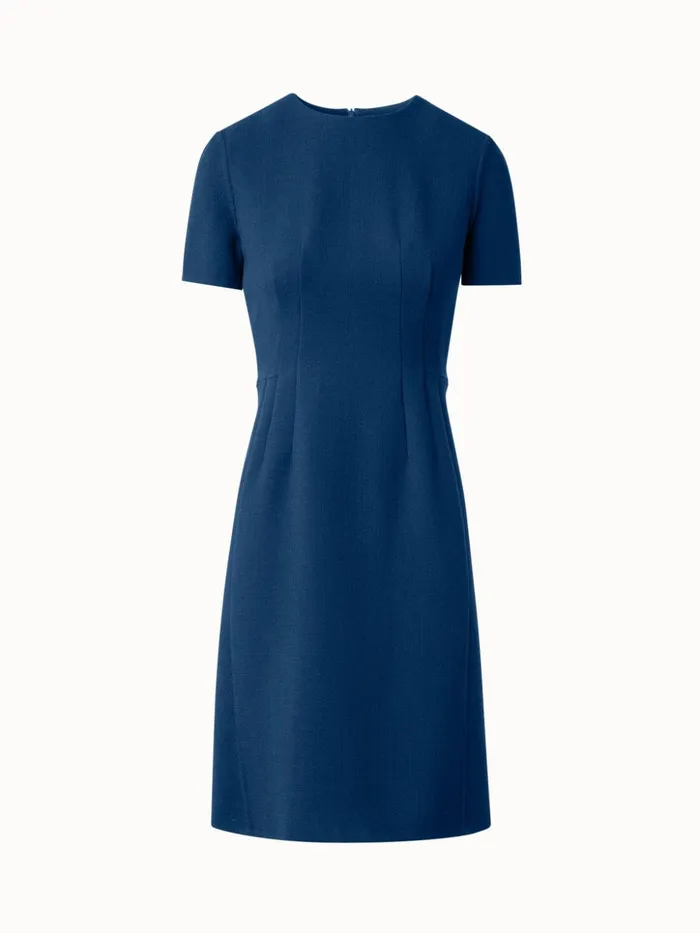 Sheath Dress With Short Sleeves In Wool Crpe DoubleFace Navy Denim Women Akris Dresses