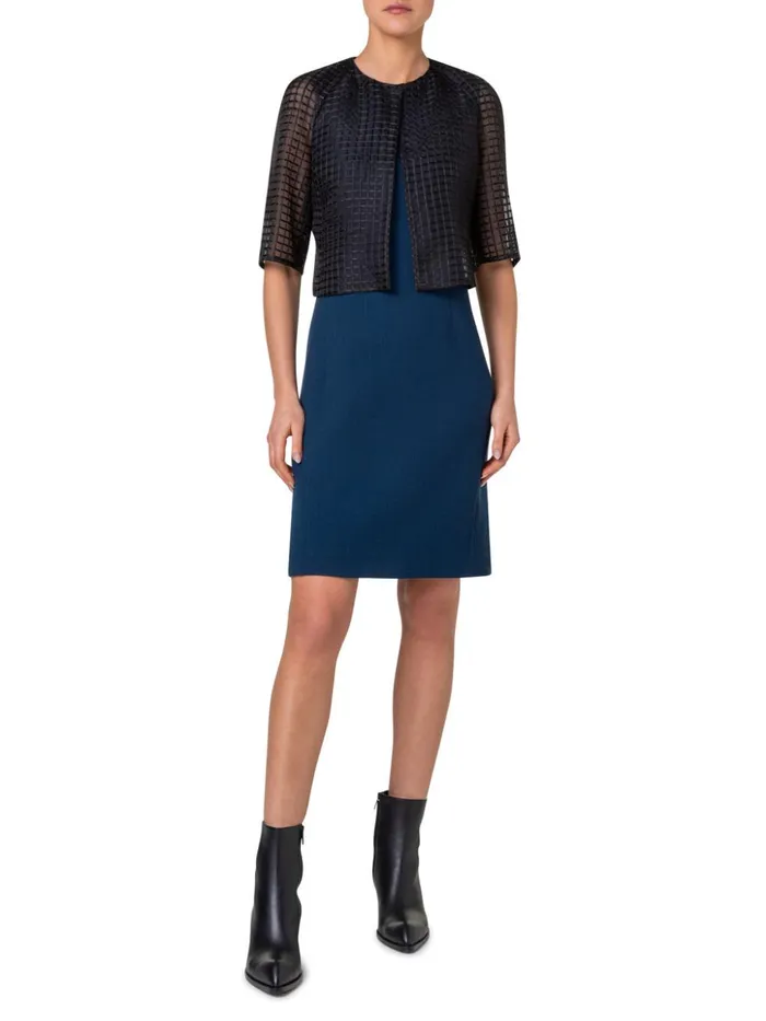 Sheath Dress With Short Sleeves In Wool Crpe DoubleFace Navy Denim Women Akris Dresses