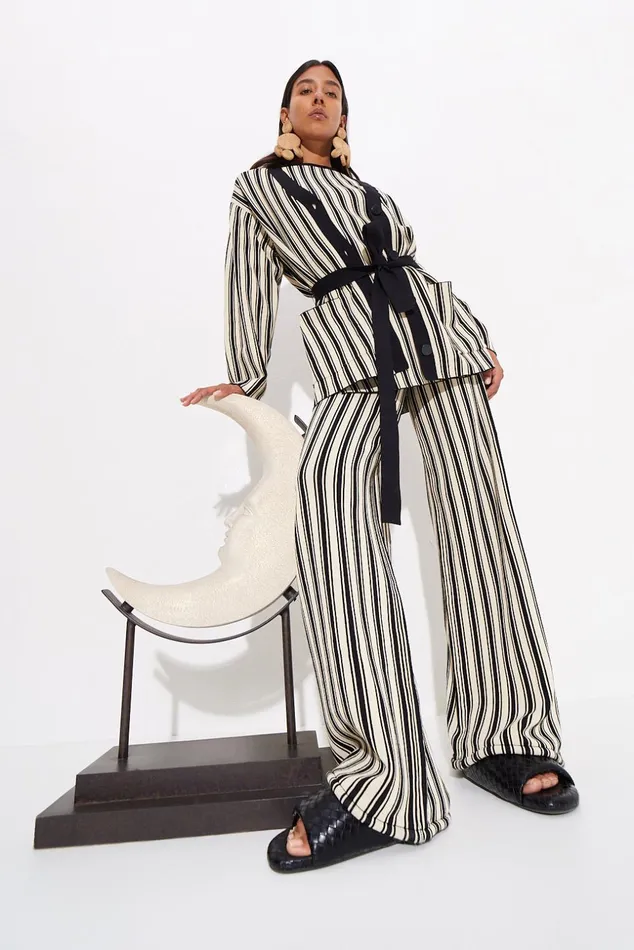 Simon Miller Tops Max Belted Knit Cardigan In BlackRice Flour Stripe 8211 Women Simon Miller Tops Max Belted Knit Cardigan In BlackRice Flour Stripe 8211 Women