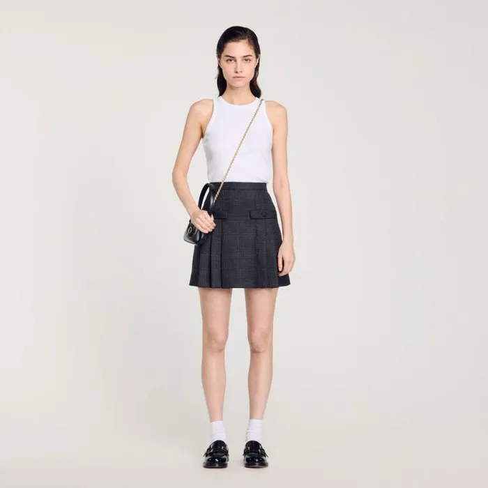 Skirts Women SANDRO Short Checked Pleated Skirt Dark Grey