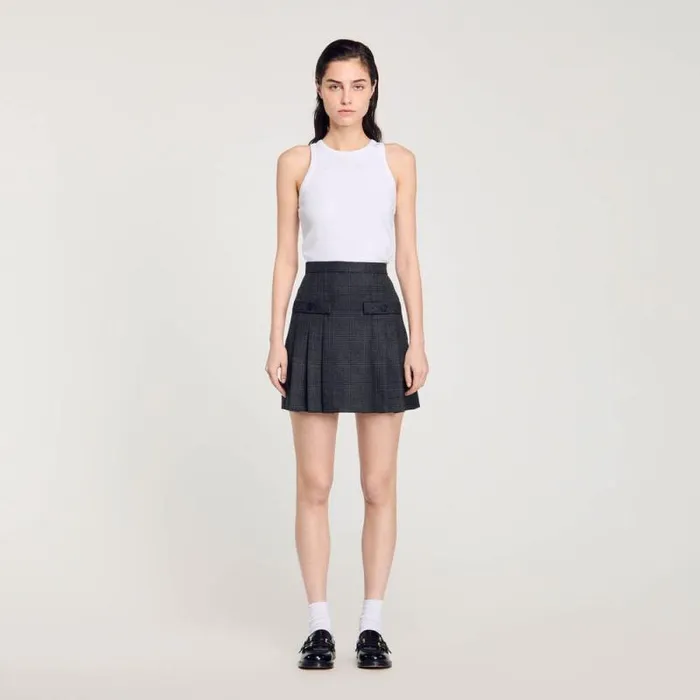 Skirts Women SANDRO Short Checked Pleated Skirt Dark Grey