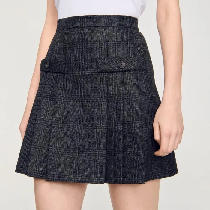 Skirts Women SANDRO Short Checked Pleated Skirt Dark Grey