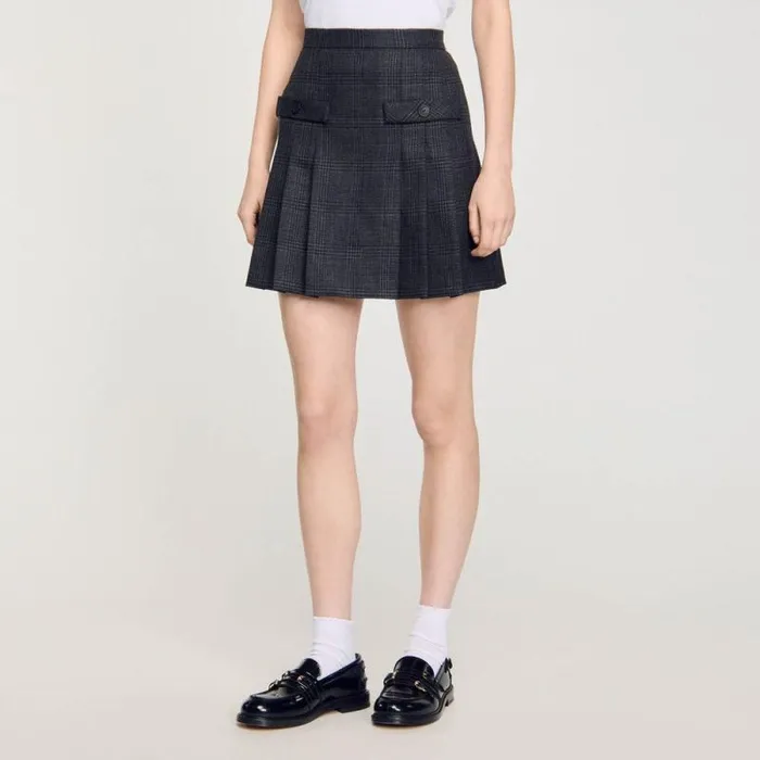 Skirts Women SANDRO Short Checked Pleated Skirt Dark Grey