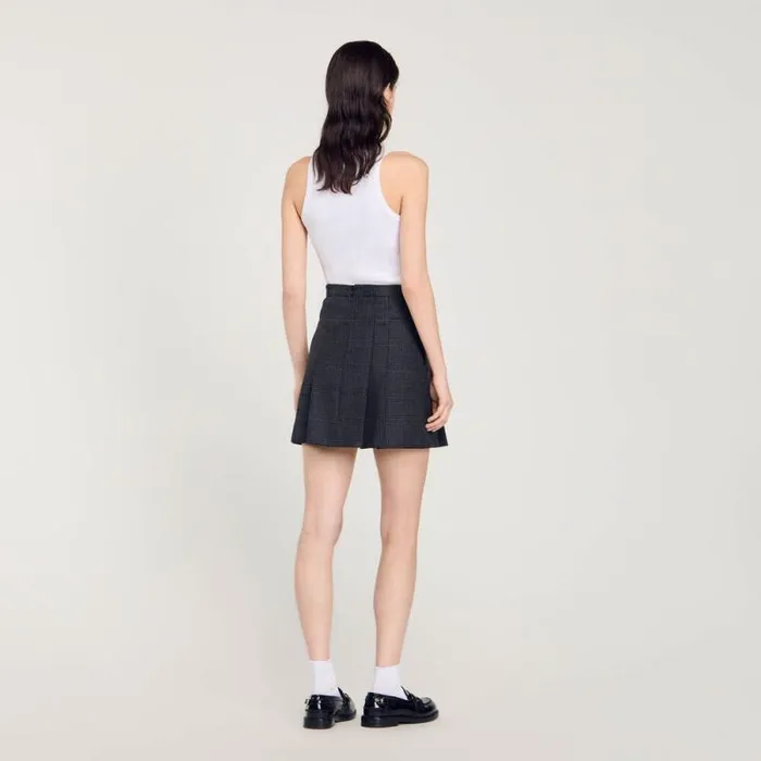 Skirts Women SANDRO Short Checked Pleated Skirt Dark Grey