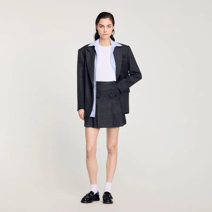 Skirts Women SANDRO Short Checked Pleated Skirt Dark Grey