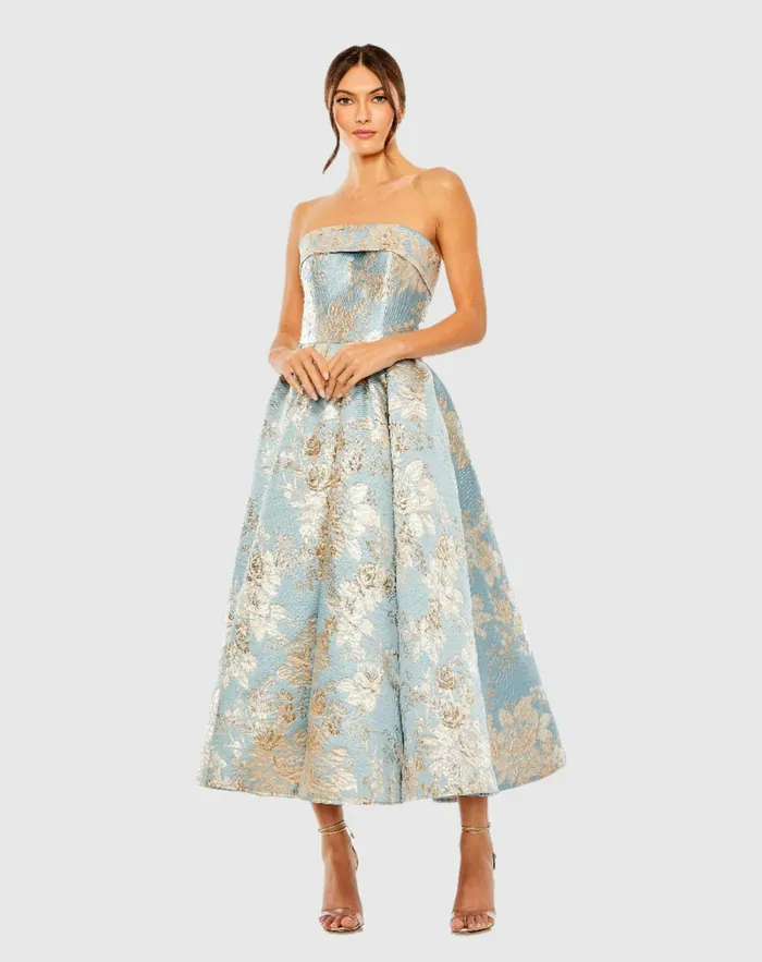 Strapless Brocade Midi Dress with Pockets Blue Multi Women Best Sellers Mac Duggal