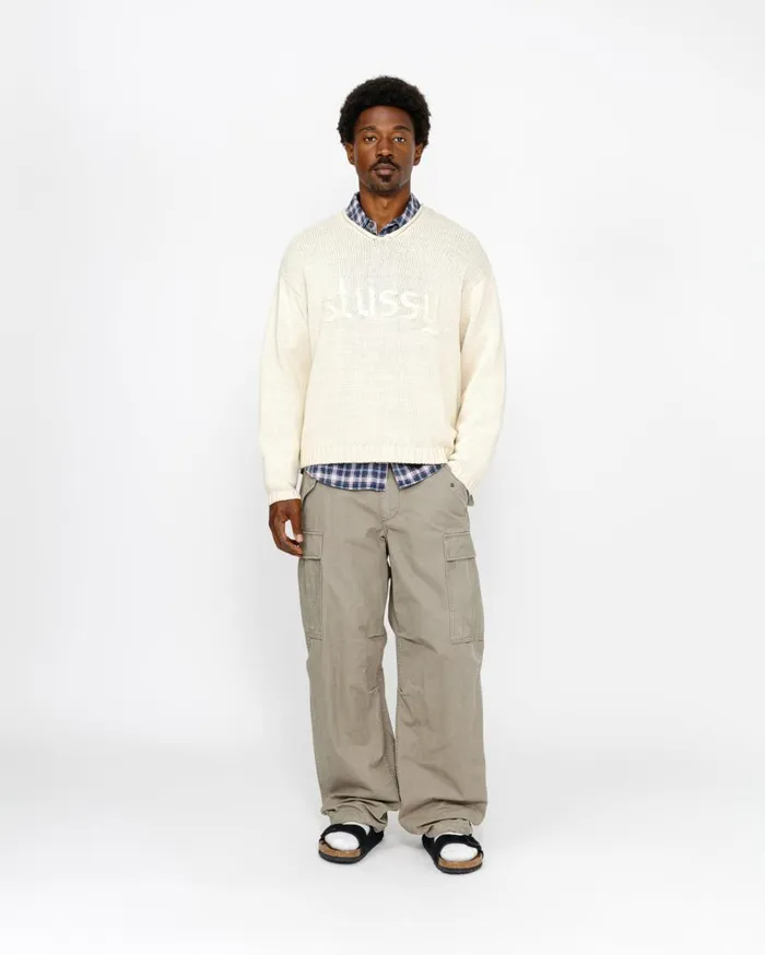 Stussy Knits EMBROIDERED VNECK LOGO SWEATER Natural 8211 MenWomen