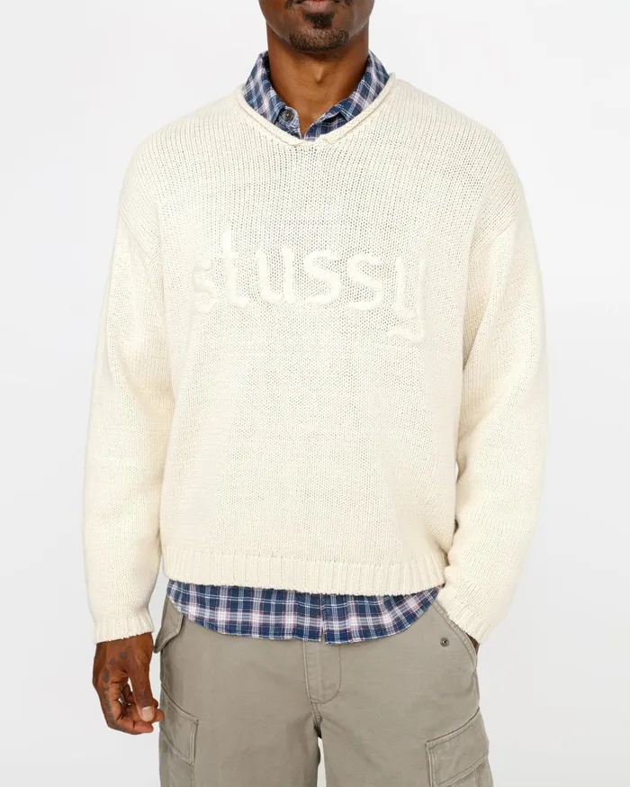 Stussy Knits EMBROIDERED VNECK LOGO SWEATER Natural 8211 MenWomen