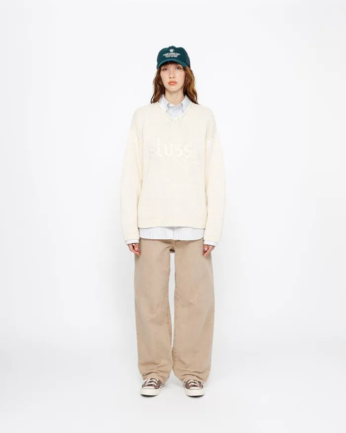 Stussy Knits EMBROIDERED VNECK LOGO SWEATER Natural 8211 MenWomen