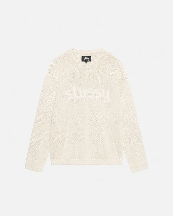 Stussy Knits EMBROIDERED VNECK LOGO SWEATER Natural 8211 MenWomen