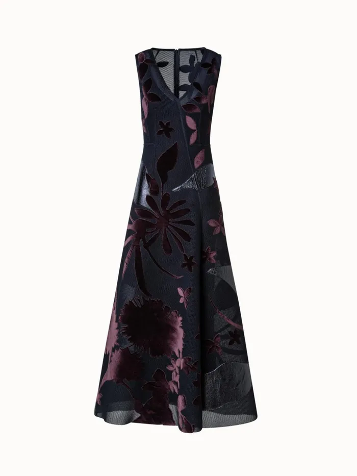 Techno Grid Maxi Dress With Abraham Flower Embellishment Black Women Akris Dresses