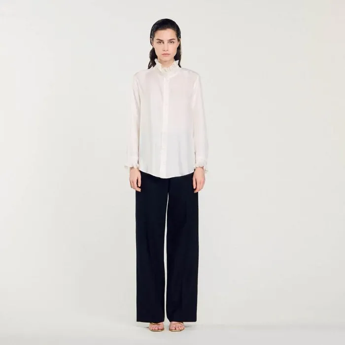 Tops and Shirts Women SANDRO Silk Shirt With Gathered Collar Ecru Tops and Shirts Women SANDRO Silk Shirt With Gathered Collar Ecru