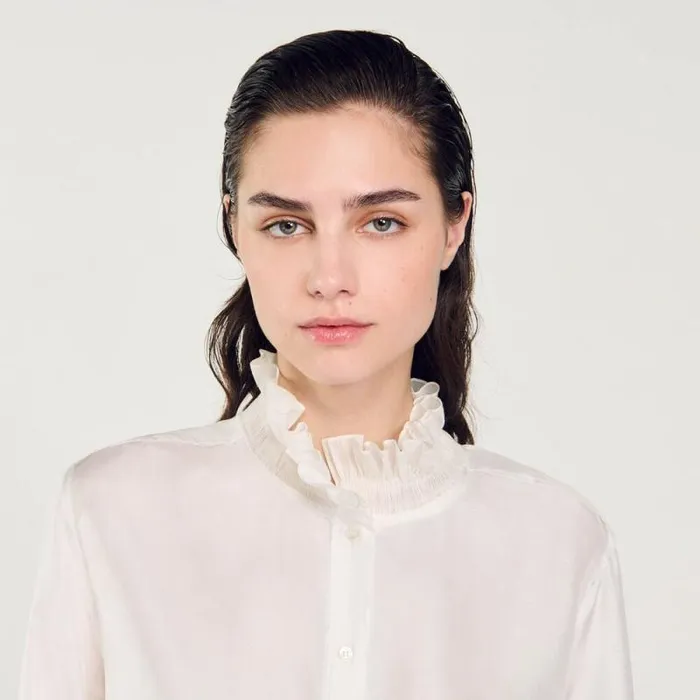 Tops and Shirts Women SANDRO Silk Shirt With Gathered Collar Ecru Tops and Shirts Women SANDRO Silk Shirt With Gathered Collar Ecru