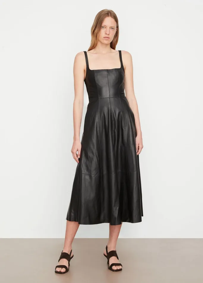 Vince Dresses Women SquareNeck Leather Dress Black