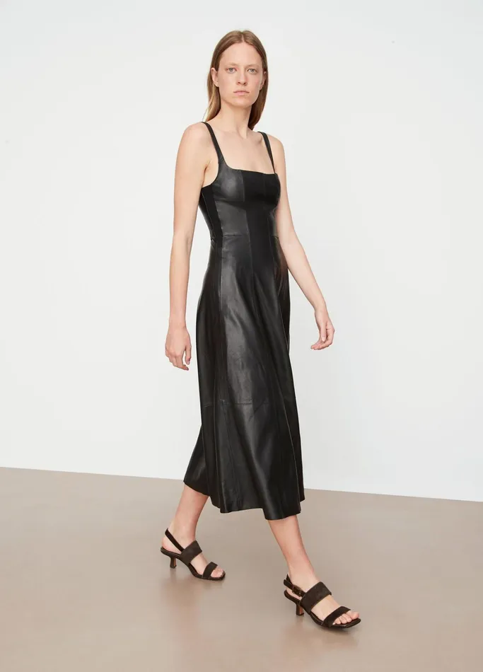 Vince Dresses Women SquareNeck Leather Dress Black