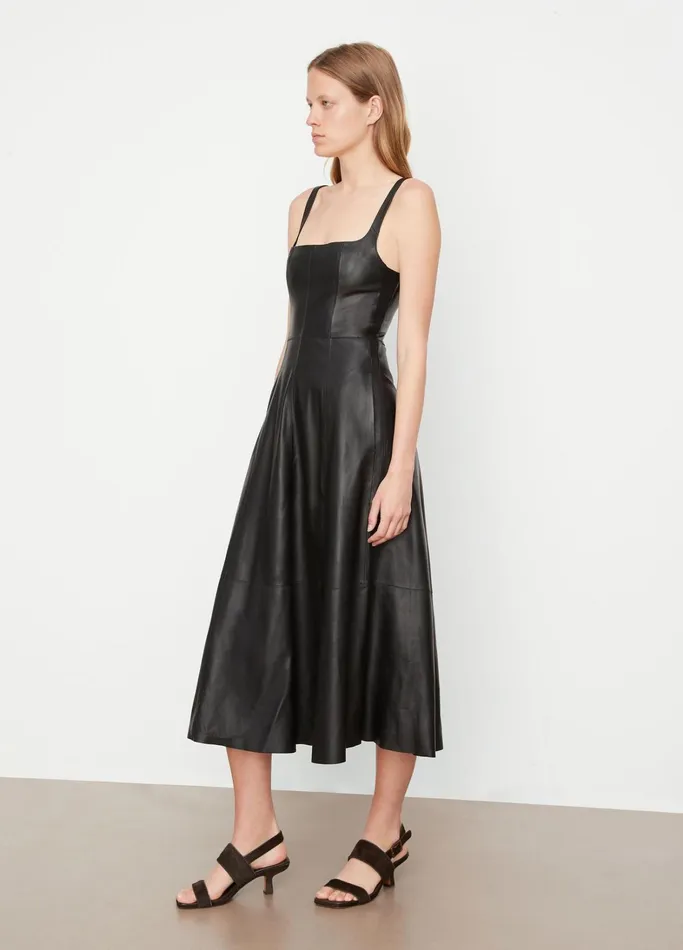 Vince Dresses Women SquareNeck Leather Dress Black