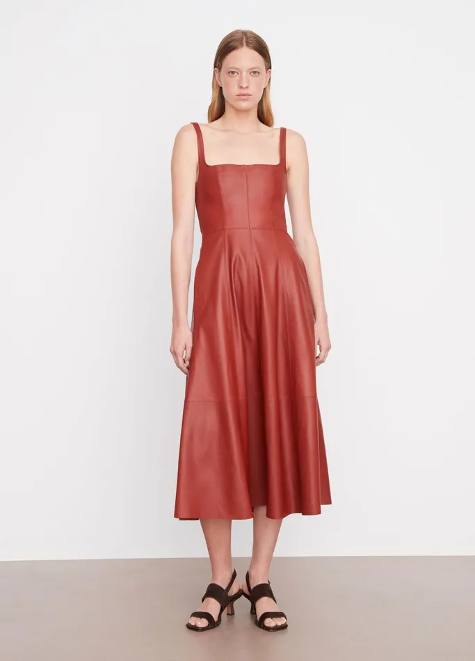 Vince Dresses Women SquareNeck Leather Dress Red Dahlia
