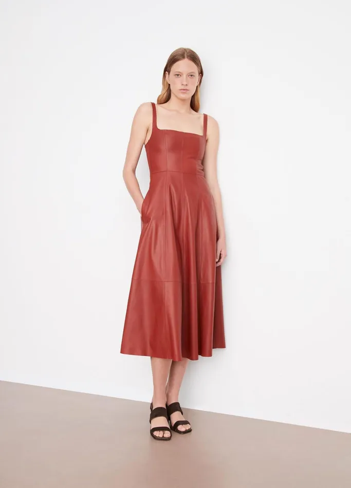 Vince Dresses Women SquareNeck Leather Dress Red Dahlia