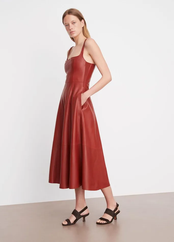 Vince Dresses Women SquareNeck Leather Dress Red Dahlia