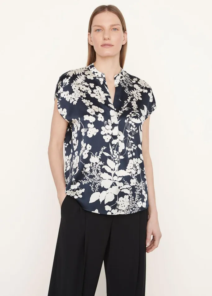 Vince Shirts and Tops Women Arboretum Silk CapSleeve Blouse Coastal Blue