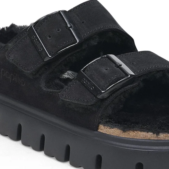 Women Birkenstock TwoStrap Arizona Chunky Shearling Black