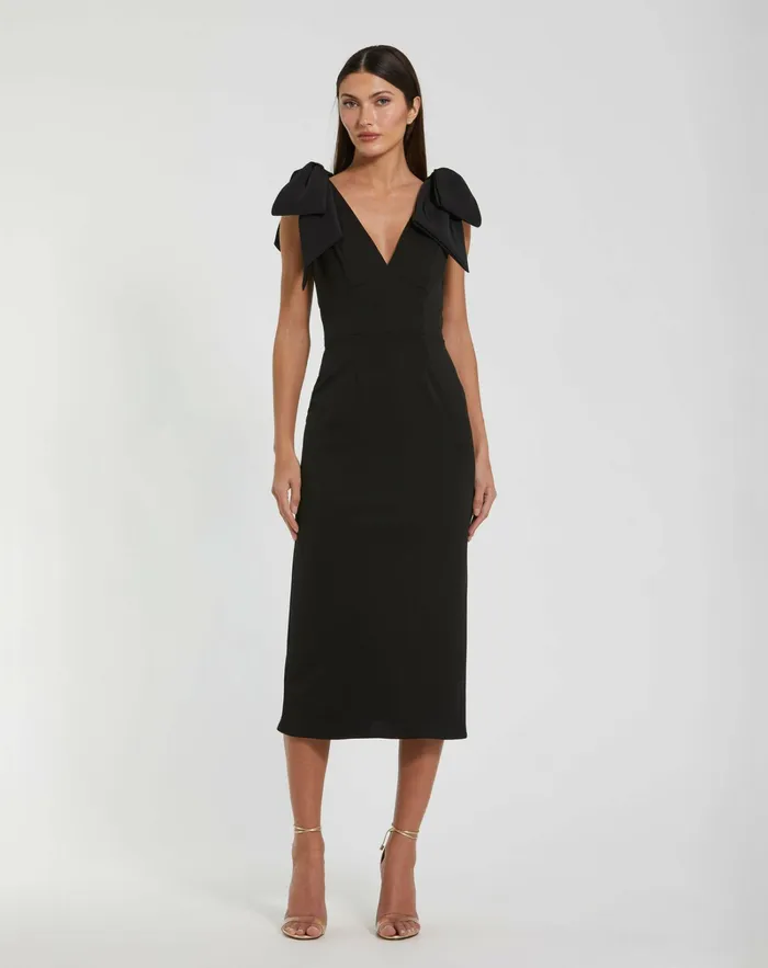 Women Bow Strap Crepe Fitted Midi Dress Black Best Sellers Mac Duggal