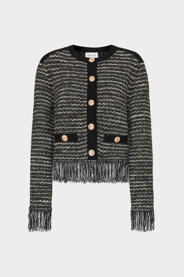 Women Cardigans Milly Metallic Textured Fringe Cardigan Black Gold Multi