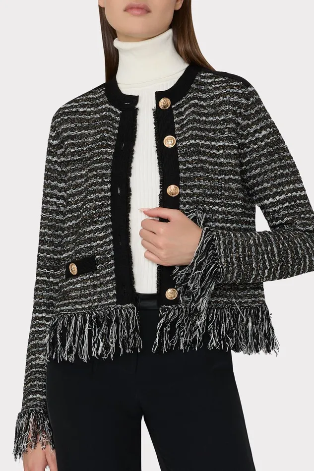 Women Cardigans Milly Metallic Textured Fringe Cardigan Black Gold Multi Women Cardigans Milly Metallic Textured Fringe Cardigan Black Gold Multi