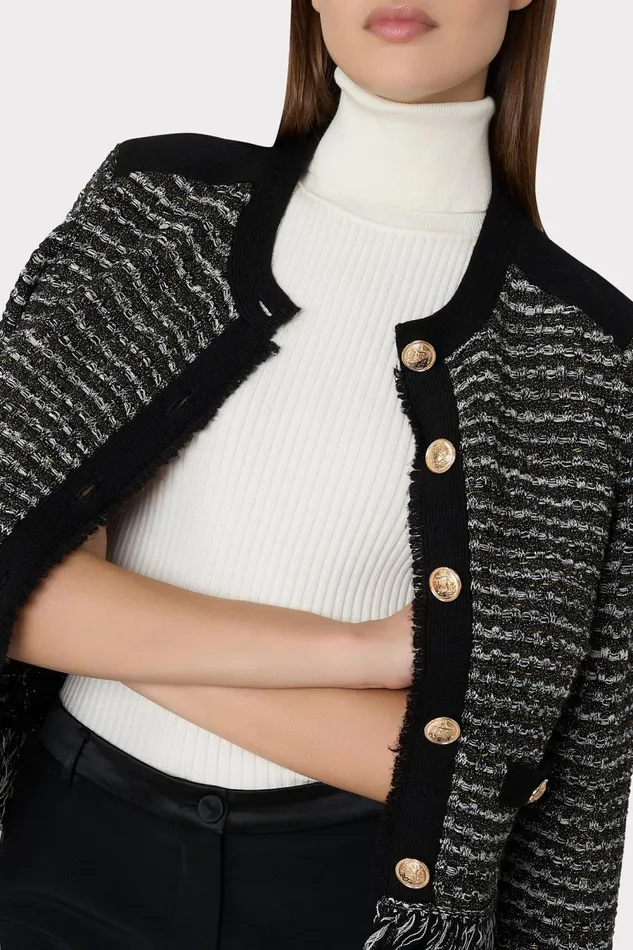 Women Cardigans Milly Metallic Textured Fringe Cardigan Black Gold Multi Women Cardigans Milly Metallic Textured Fringe Cardigan Black Gold Multi