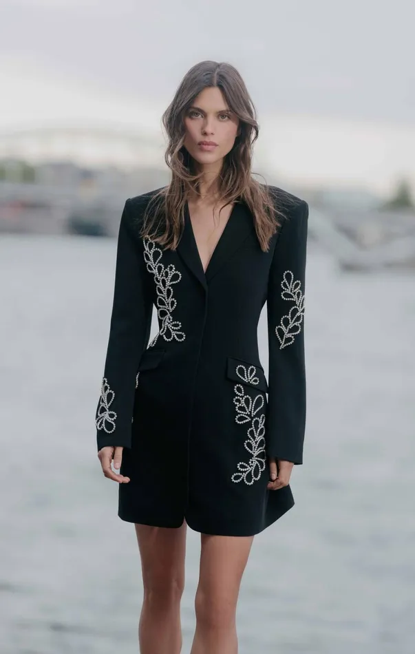 Women Cocktail and Evening Cinq Sept Rhinestone Paisley Long Sleeve Joel Dress Black