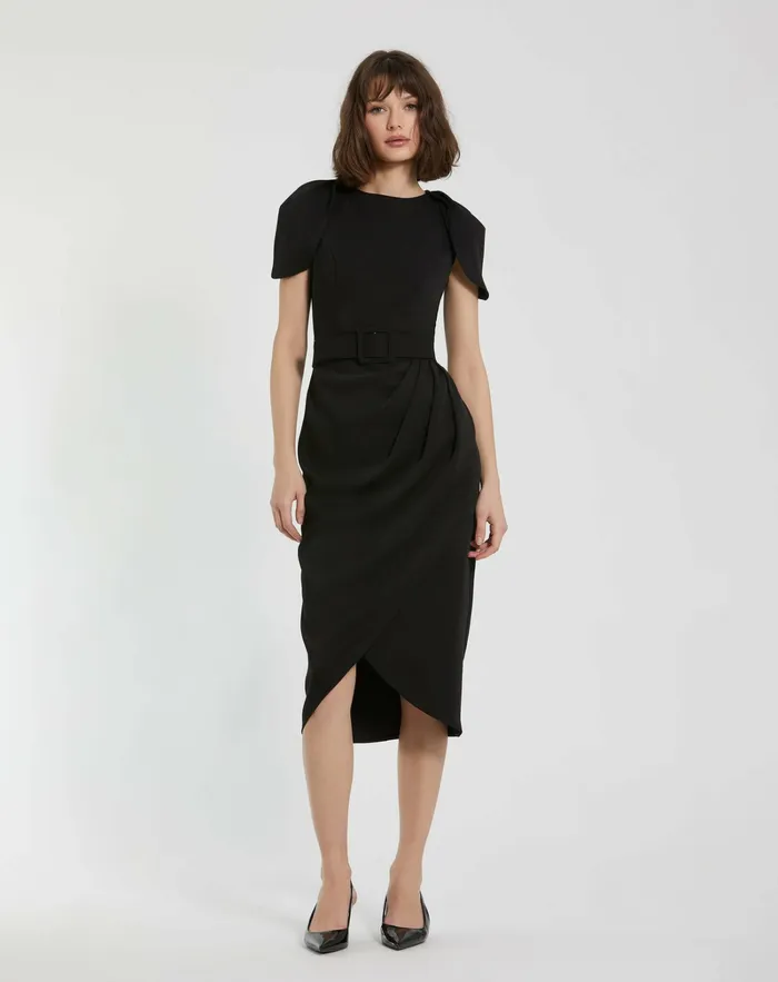 Women Crepe Boat Neck Midi Tulip Dress With Belt Black Every Day Dresses Mac Duggal